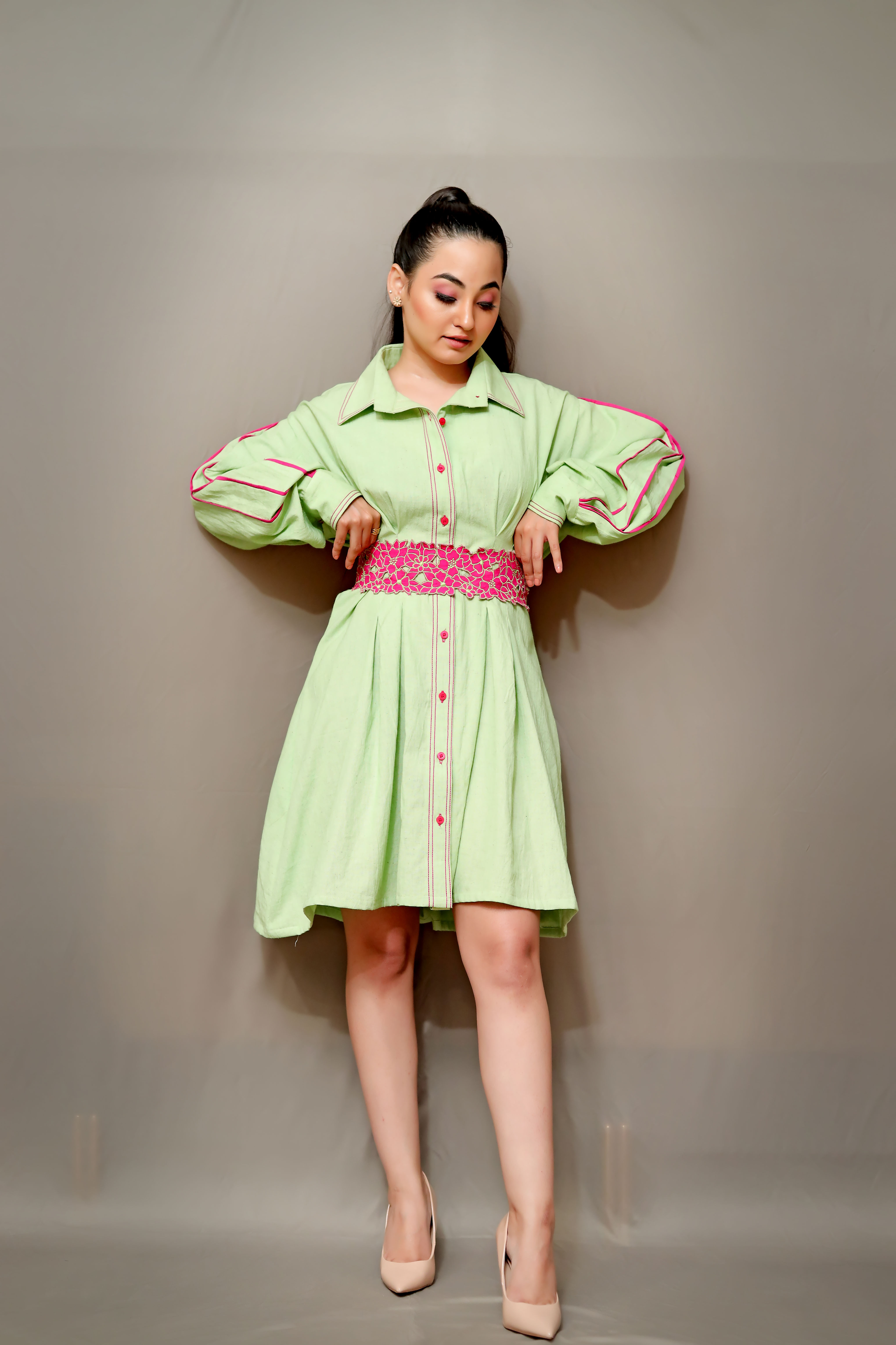 Pink Cutwork Tie-Up Belt and Sleeve