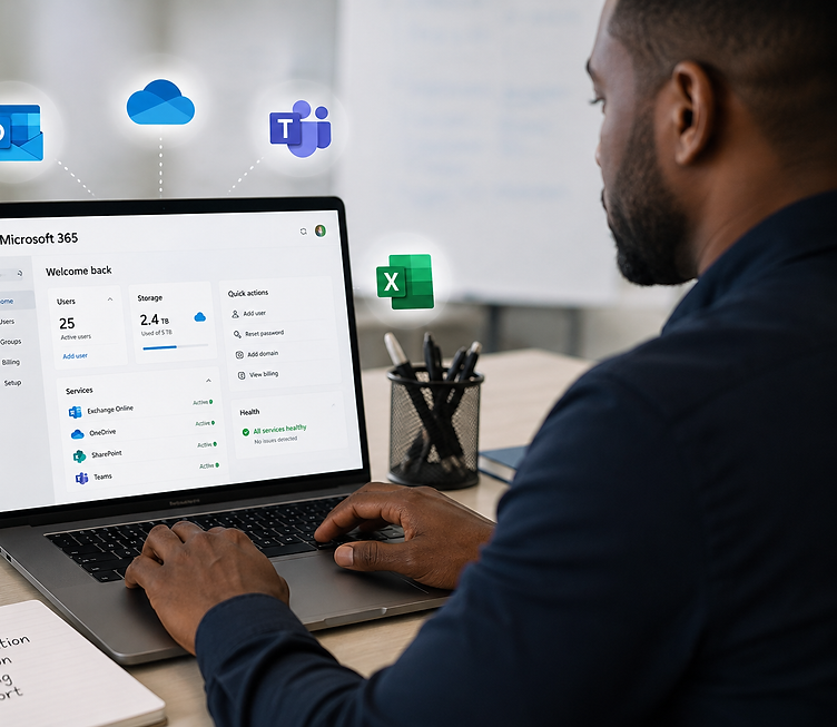 IT professional configuring Microsoft 365 business email, cloud storage, and collaboration