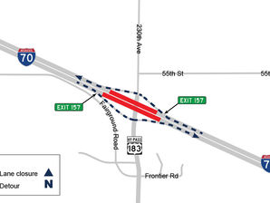 Cierre de carriles el 28 y 29 de junio de la I-70 cerca de Hays por trabajos de construcción