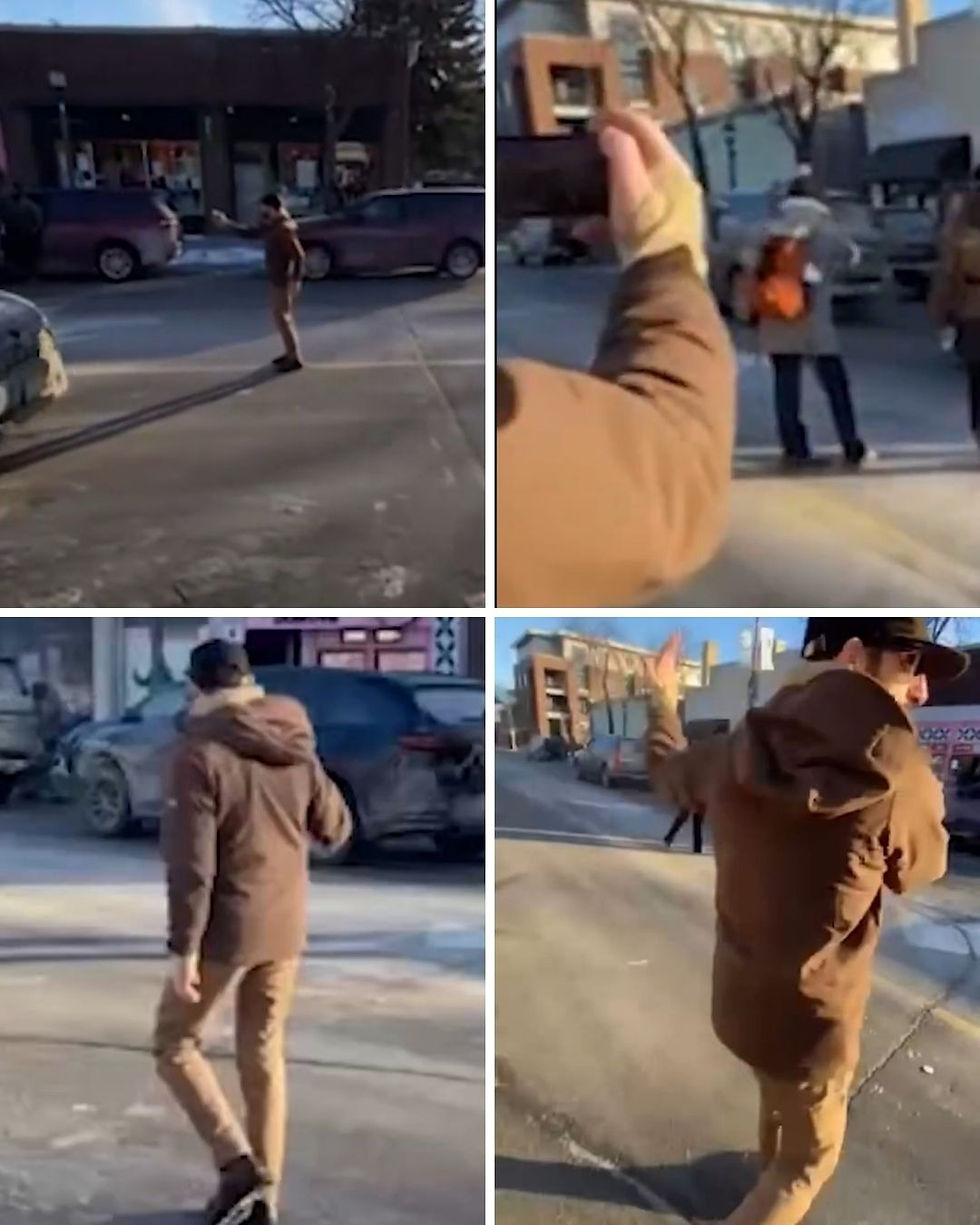 Pretti graba a los agentes de inmigración en medio de la calle con un celular en la mano. No lleva nada en la otra mano