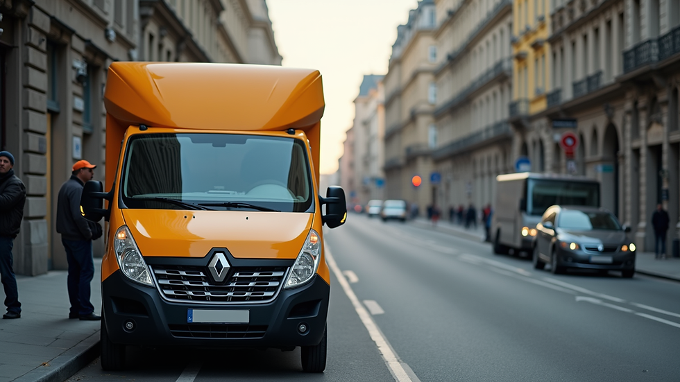 Close-up view of a delivery vehicle parked in an urban area