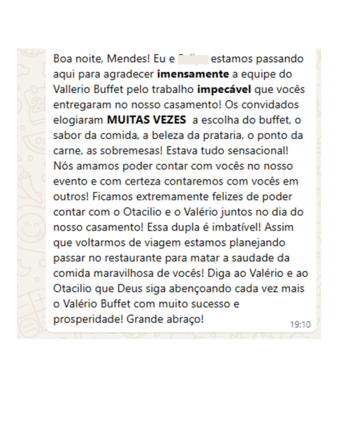 Avaliação de cliente após evento atendido pelo Valério Buffet