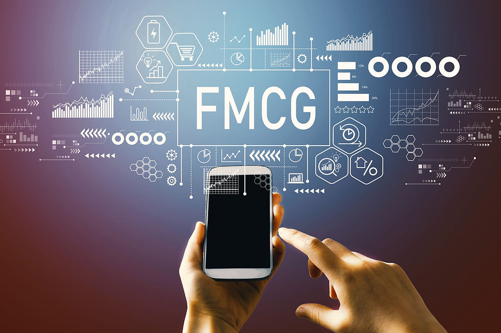 FMCG - Fast Moving Consumer Goods theme with hand pressing a button on a technology screen