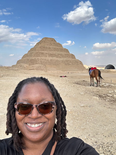 Selfie of Tamara Baynham at the Pyramids of Giza, Giza Egypt