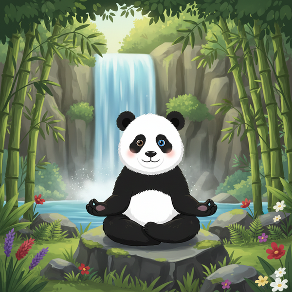 Una panda meditando delante de una cascada, con expresión serena. 