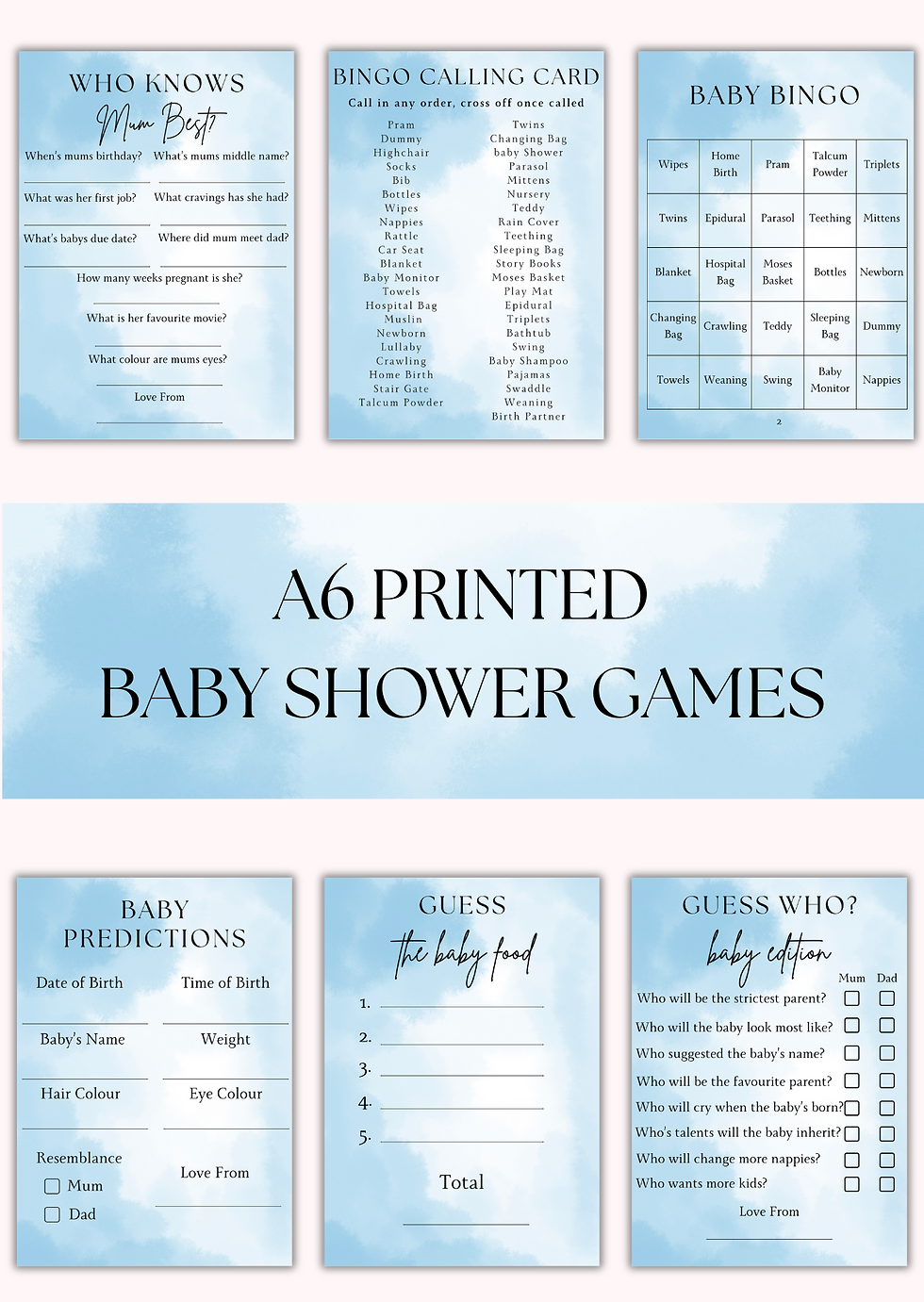 Blue Clouds Baby Shower Games - Printed Cards