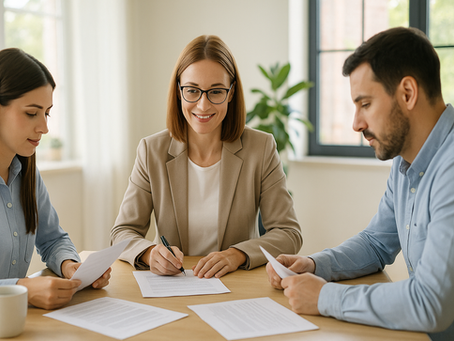 Three people sit at a table with documents. A smiling woman in glasses signs a form. Bright room with a plant, relaxed atmosphere.