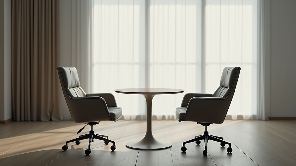 Eye-level view of a calm meeting room with two chairs and a round table