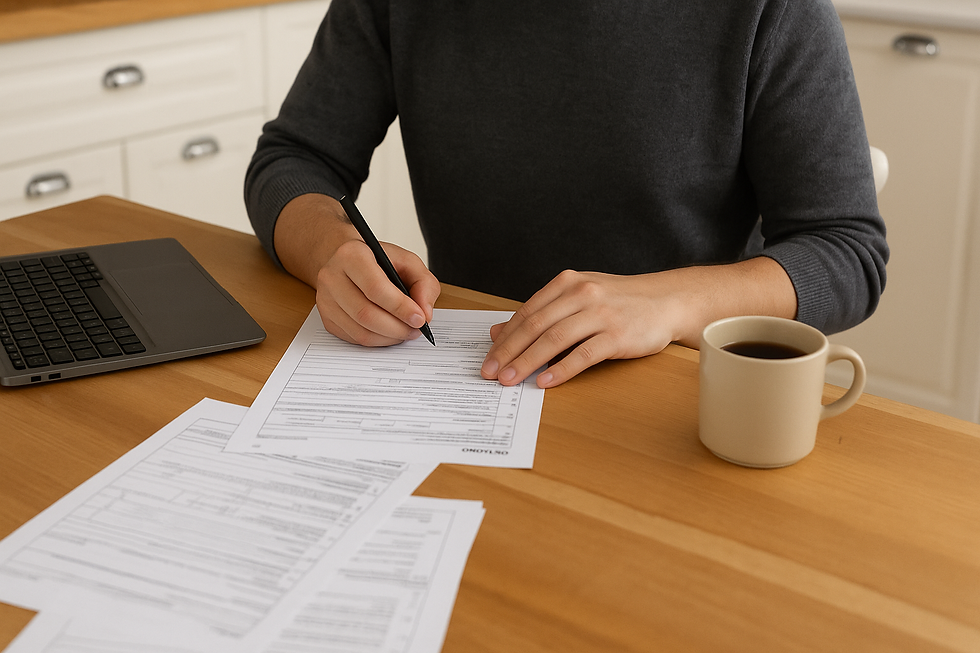 Person in grey sweater filling out forms on a wooden table with a cup of coffee and laptop nearby, in a bright kitchen setting.