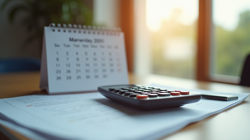 Close-up view of a calendar and calculator on a desk