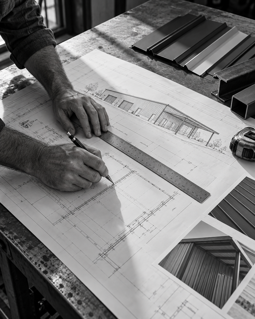 Hands reviewing architectural plans for a custom metal building