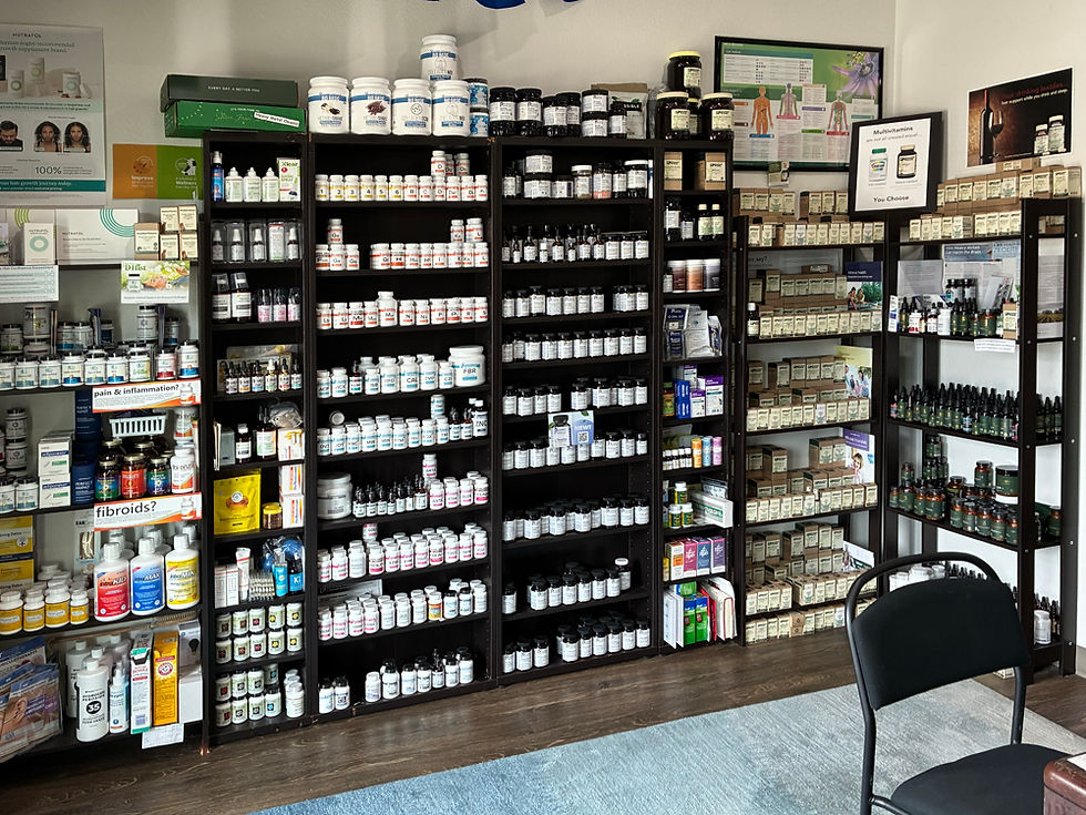 Shelves filled with various products in an acupuncture clinic, Rising Sun Acupuncture.