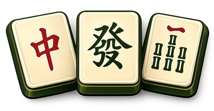 Three traditional Mahjong tiles featuring symbolic Chinese characters in green and red on cream-colored tiles