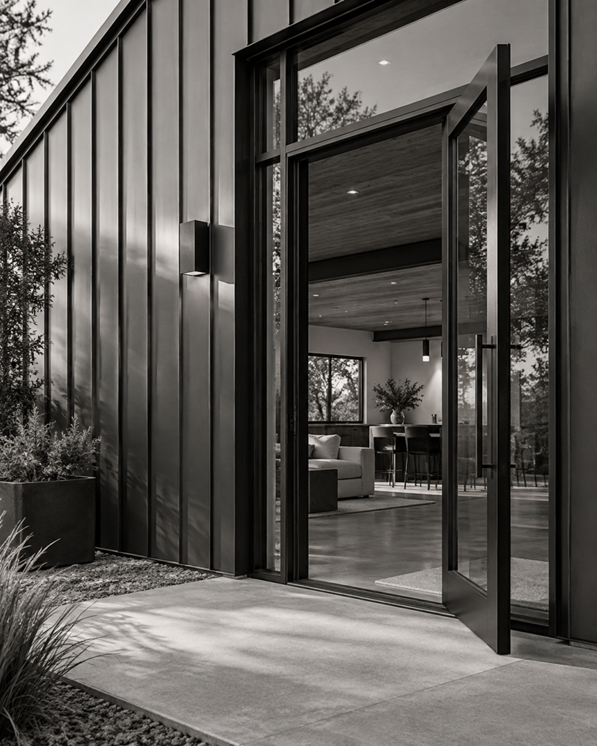 Finished custom metal building with dark metal siding and glass entry doors