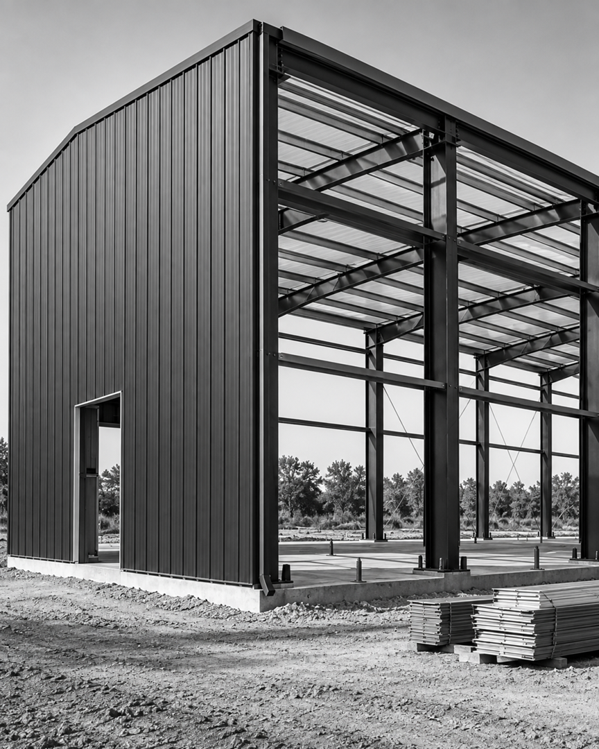 Metal building under construction with exposed steel framing and exterior panels