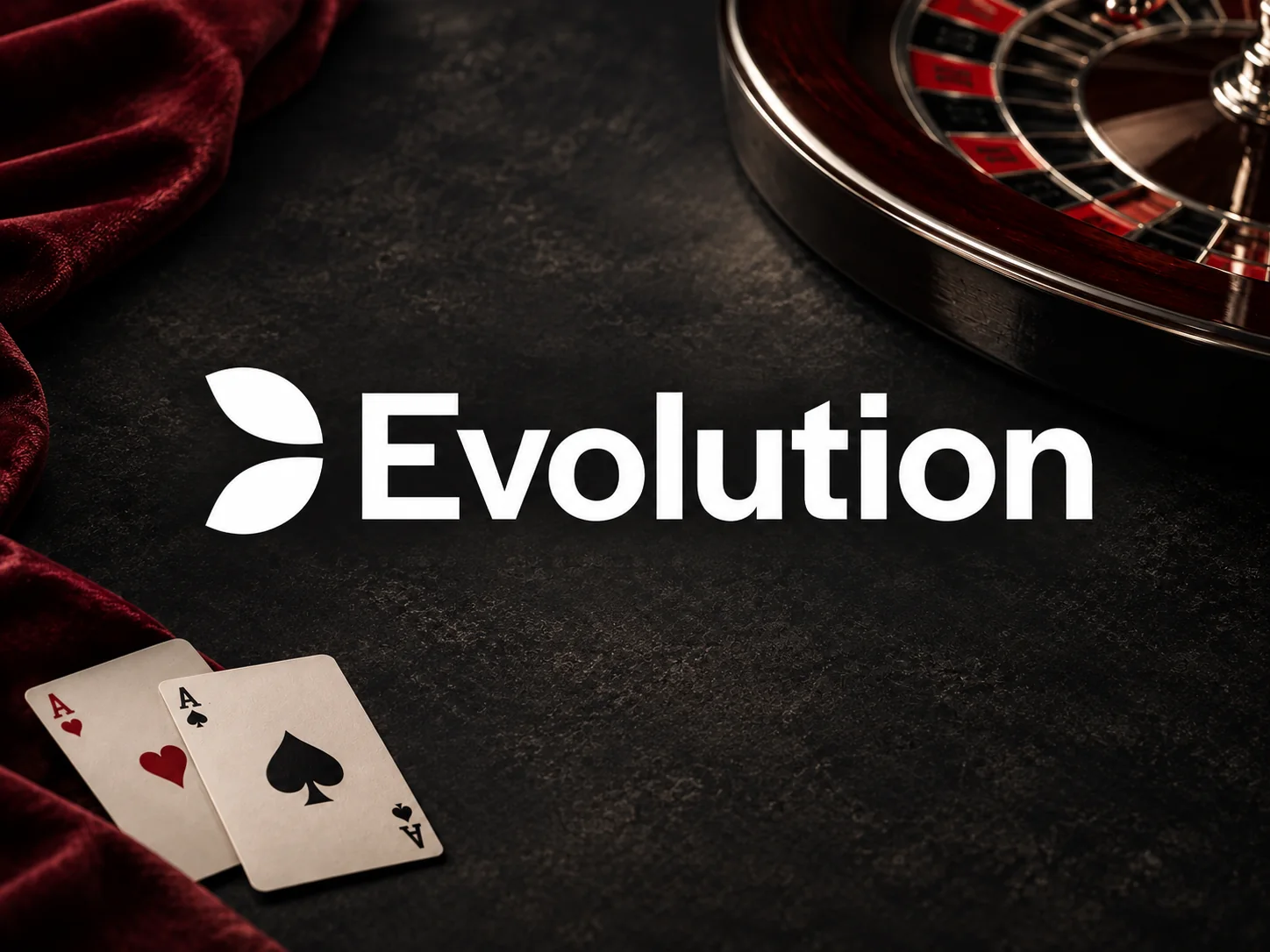 Evolution 로고와 카드, 룰렛을 검정·버건디 배경에 배치한 메인 이미지