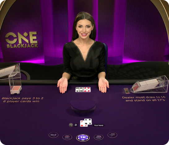 ONE Blackjack 테이블과 카드 선택 인터페이스가 보이는 공식 게임 화면
