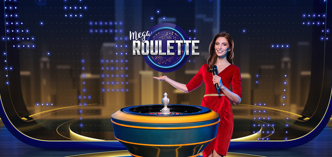 진행자와 룰렛 휠, 조명으로 구성된 Pragmatic Play Mega Roulette 공식 스튜디오 이미지