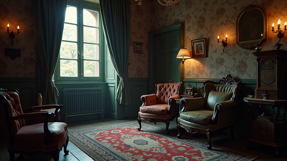 Close-up view of a Victorian-themed escape room with antique furniture and mysterious objects