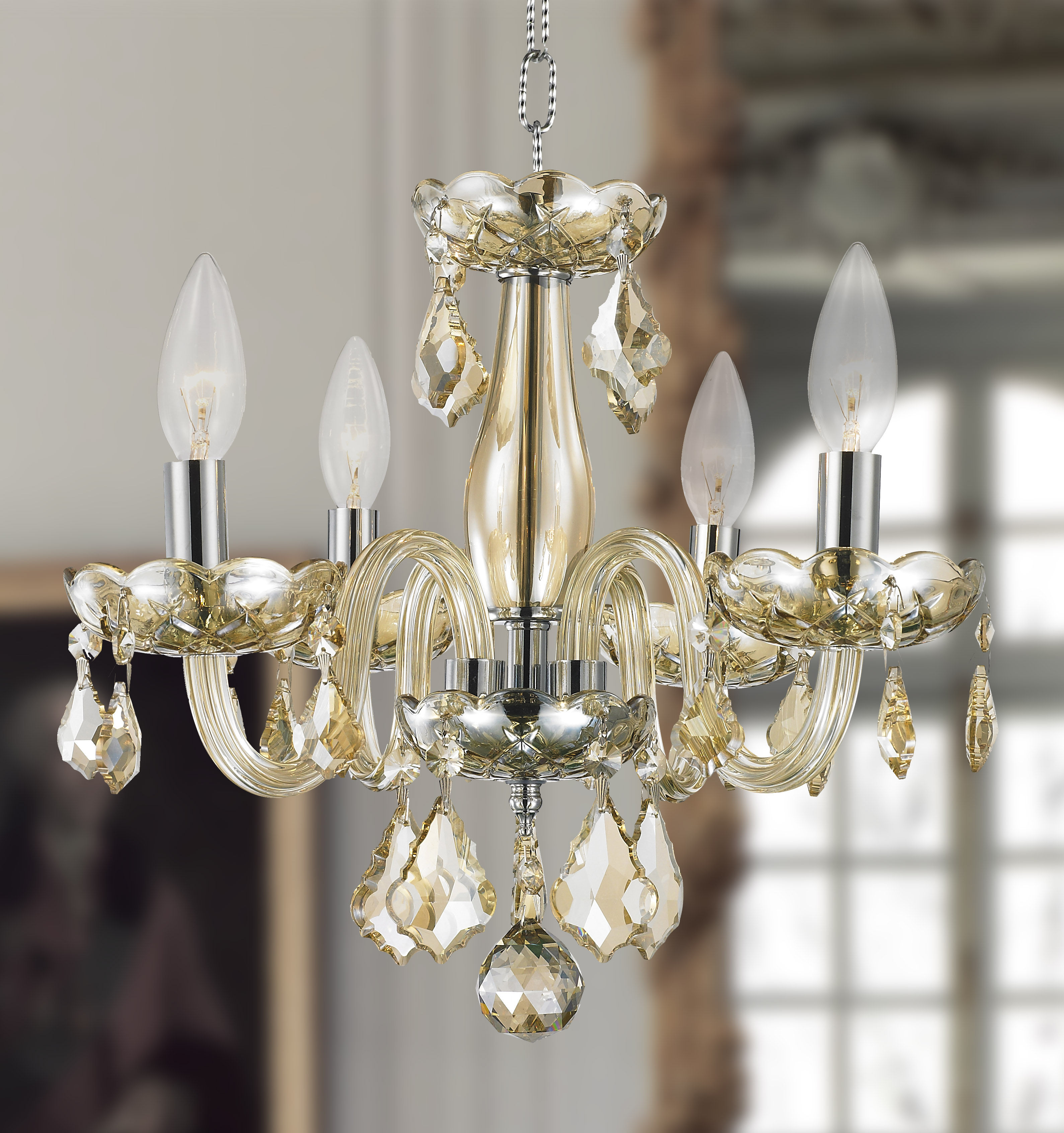 Clarion 4-Light, Chrome Finish and Golden Teak Crystal Chandelier