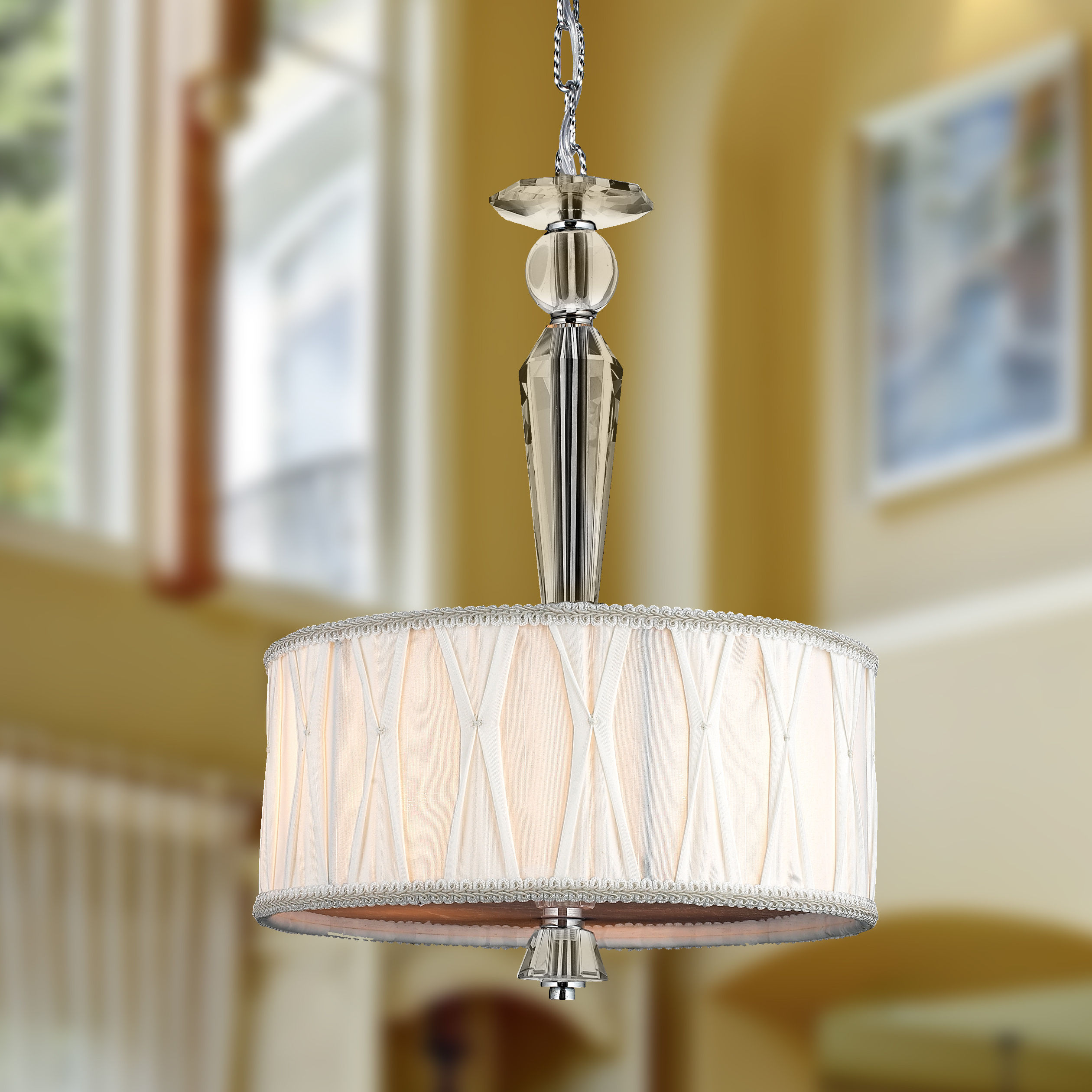 Gatsby 3-Light Chrome Finish and Clear Crystal Pendant with White Fabric Shade