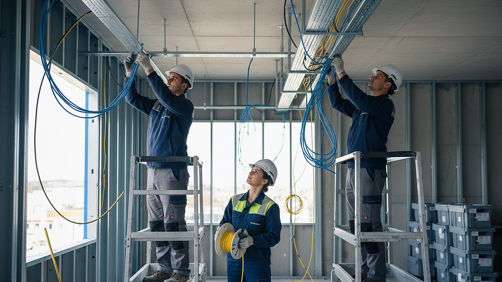 Eye-level view of a construction site with workers installing electrical wiring