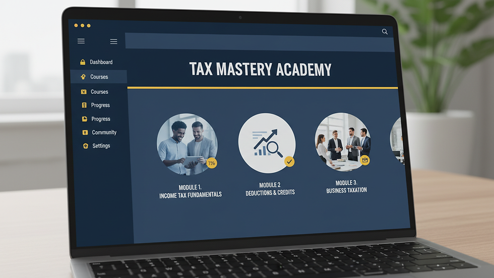 Close-up view of a laptop screen showing an online tax course dashboard