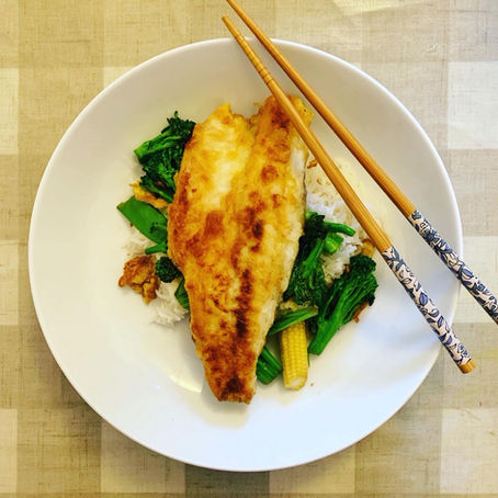 fried sea bass with asian greens