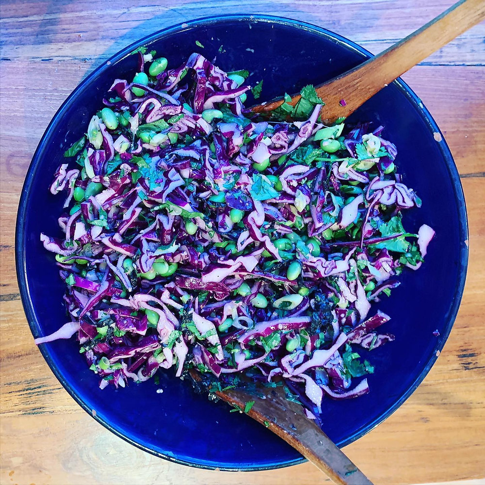 japanese red cabbage and edamame slaw
