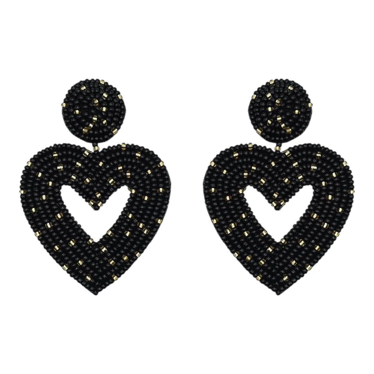 Black & Gold Beaded Heart Outline Earrings