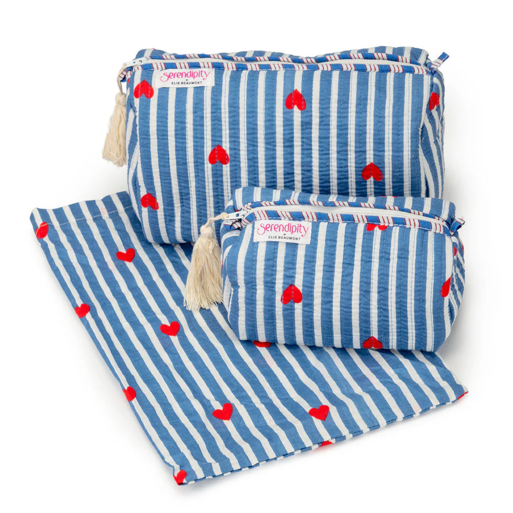SERENDIPITY COTTON COSMETIC BAG SET - BLUE STRIPE RED HEART