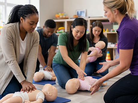 a CPR class being taught in a daycare, utilizing infant CPR manikins