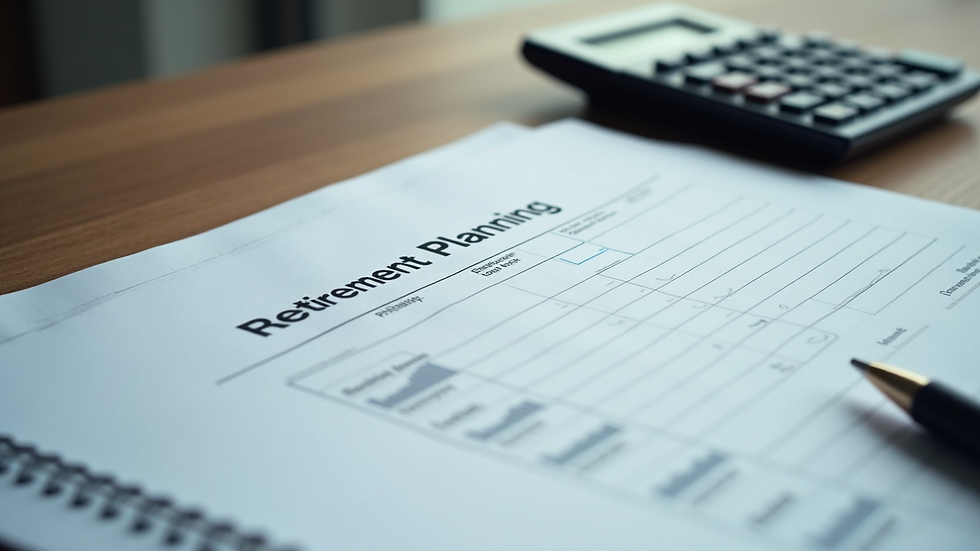 Eye-level view of a desk with retirement planning documents and a calculator