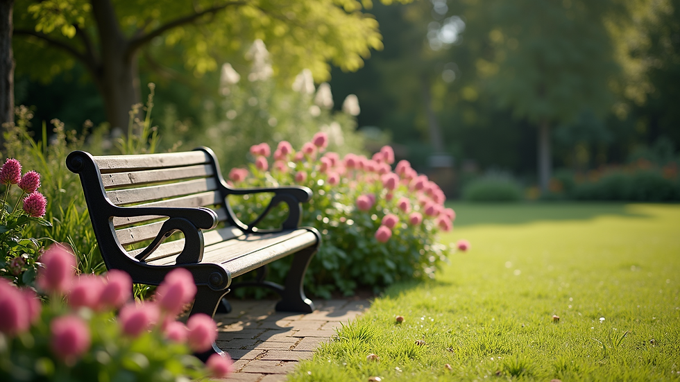 High angle view of a peaceful garden bench surrounded by flowers, symbolizing retirement relaxation