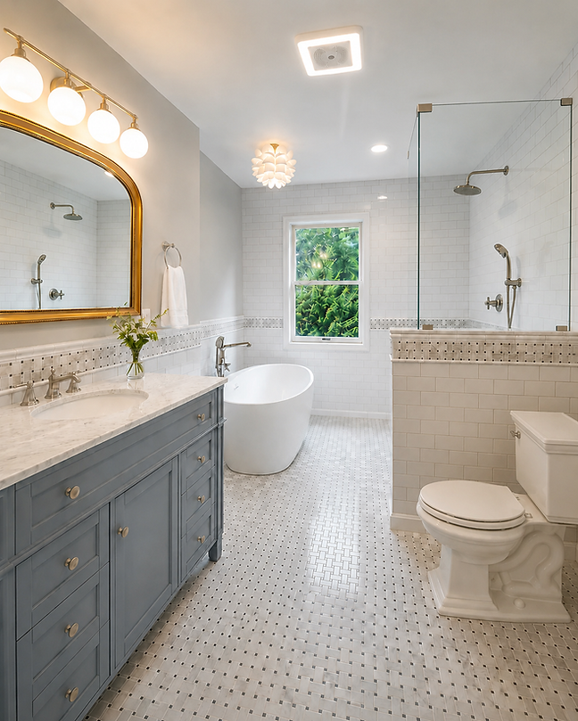 Modern Primary Bathroom Remodel with Walk-In Shower, Freestanding Tub & Blue Vanity PM Ho