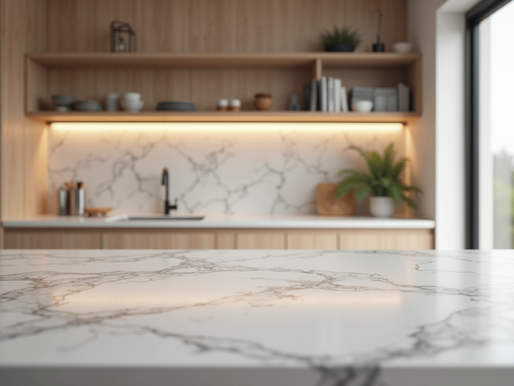 sleek marbled counters with updated custom cabinetry in kitchen remodel