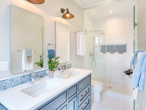 Fully Remodeled Bathroom, White Walls with Blue textured Tiles for a Coastal Feel