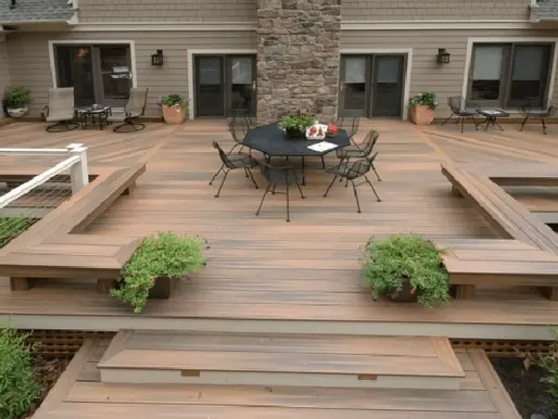 Custom wooden deck with built-in seating, surrounded by greenery, perfect for outdoor relaxation and entertainment.