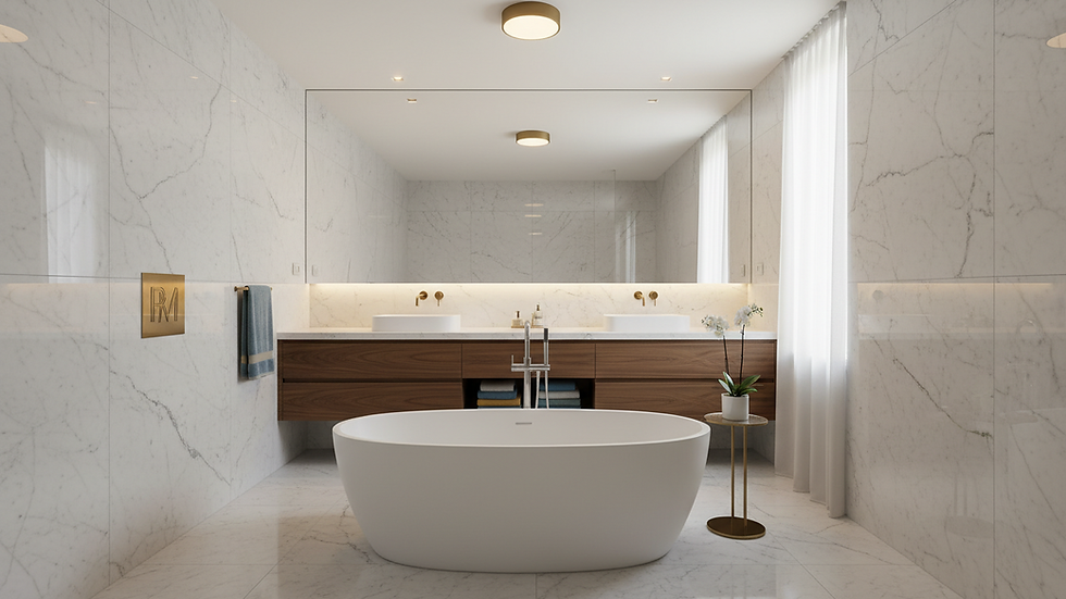Wide angle view of a luxurious bathroom with freestanding tub and marble walls