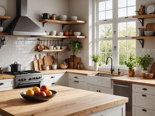 Modern small kitchen with white and wood finishes, floating shelves, and a compact island featuring built-in cabinet storage.