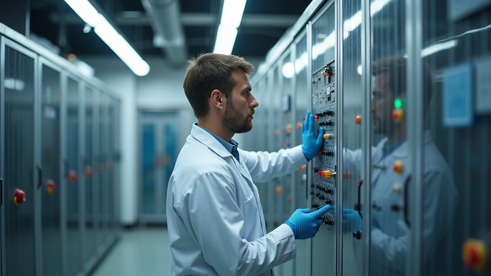 Eye-level view of technician inspecting laboratory chiller control panel
