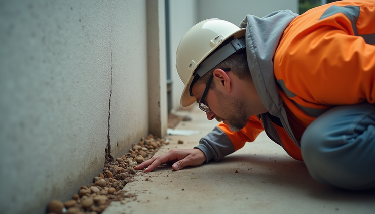 Eye-level view of a home inspector examining the foundation of a house