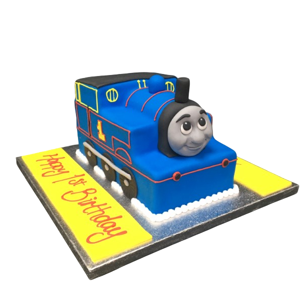 Bespoke large Thomas the Tank Engine cake with detailed blue and red icing, crafted in Solihull, West Midlands.