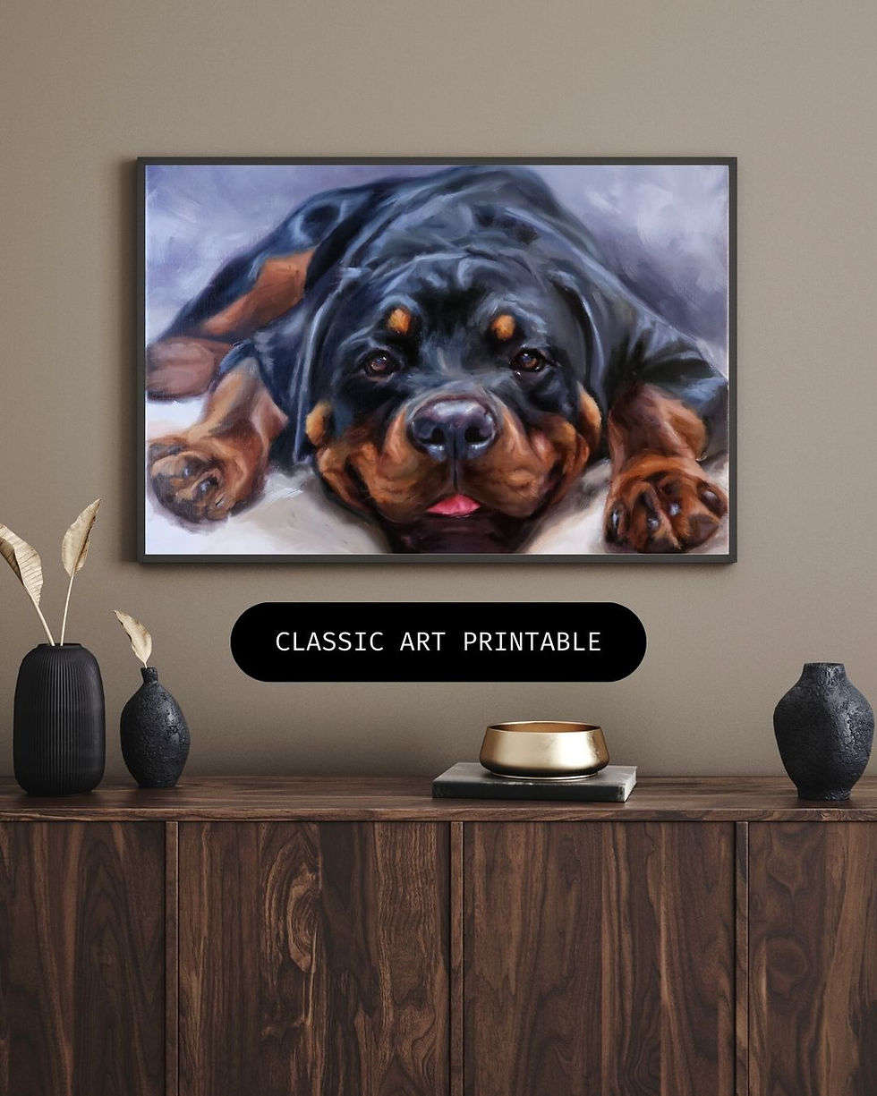 Thumbnail: Majestic Rottweiler dog portrait painting in oil.