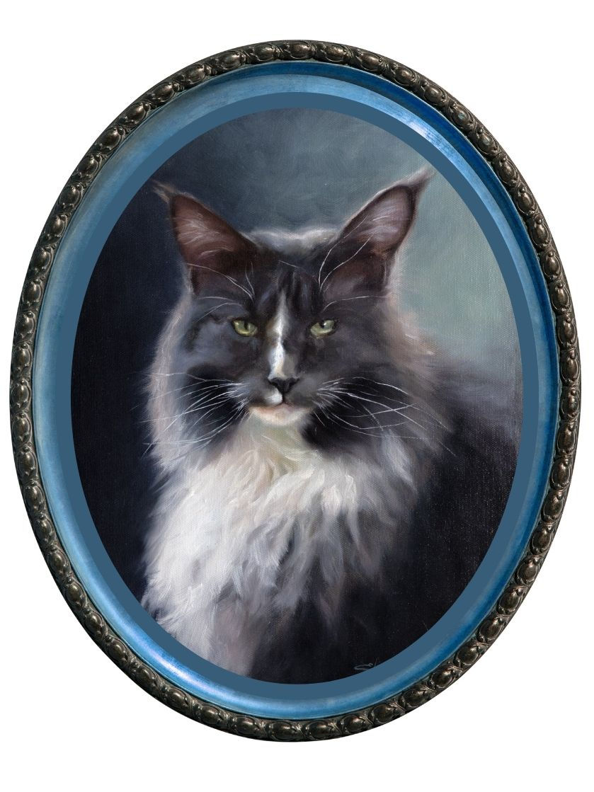 Thumbnail: Lifelike oil painting of grey and white cat in oval frame