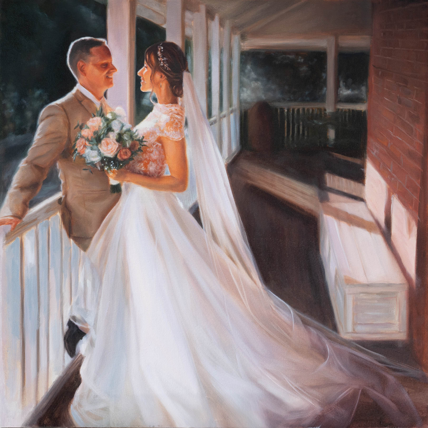 An oil painting depicting a radiant bride and groom on their wedding day