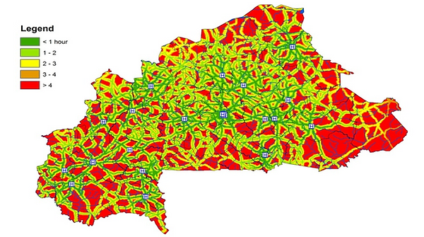 Accessibility analysis done by Accessmod 5 in Burkina Faso (time to the nearest BEMOC facility)