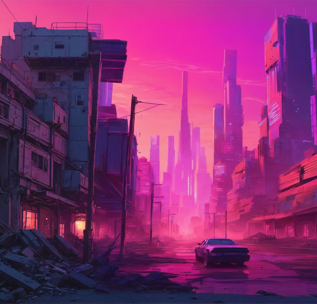 create a post apocalyptic city with no people or machines and make the colour scheme neon