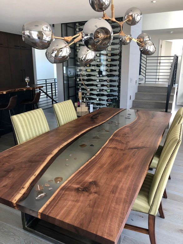 Solid Walnut LiveEdge Epoxy River Inlay Inverse Dining Table Modern Showcase Showroom Wine Bar Colorful Fabric Upholstery Steel Chandelier Orb