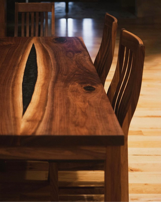 Custom Solid Walnut LiveEdge Inverse River Table Epoxy Dining Set